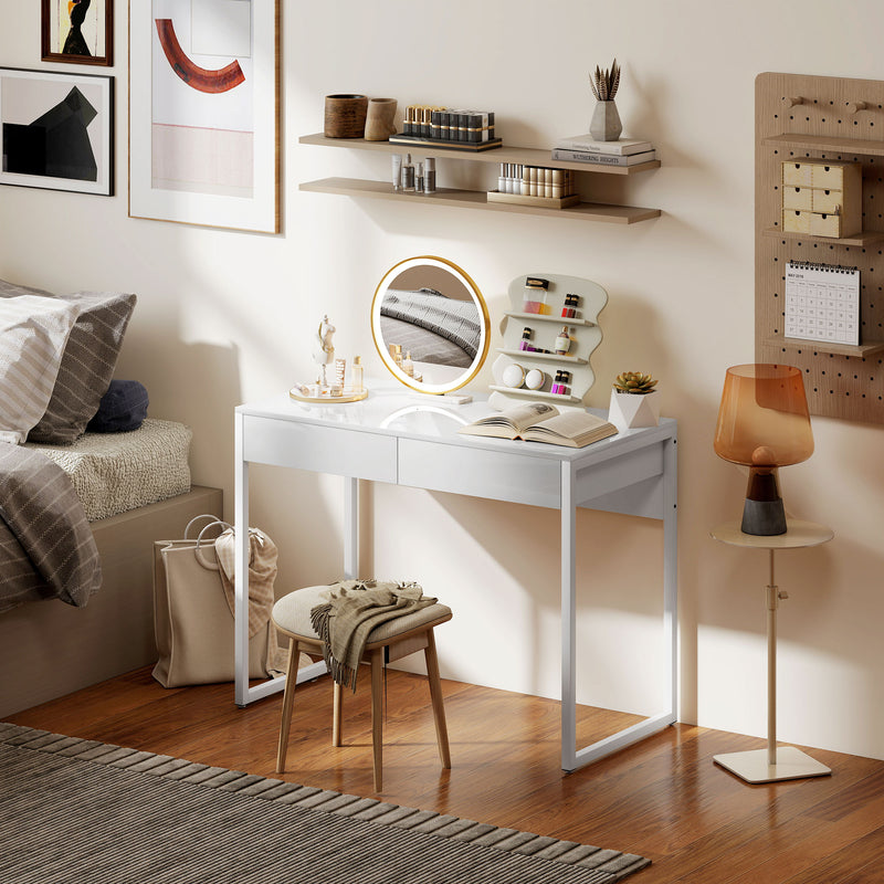 Scrivania Moderna 100x50x75 cm con 2 Cassetti e Gambe in Acciaio Bianco Lucido      