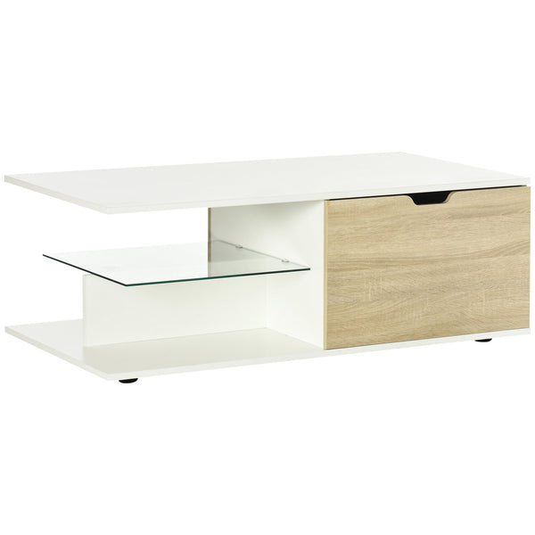 Tavolino da Caffè 106x58x39 cm con Cassetti e Ripiano in Vetro in Truciolato Bianco sconto