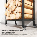 Portalegna da Esterno e Interno 60x30x119 cm a Due Livelli con Ruote in Acciaio Rinforzato Nero      