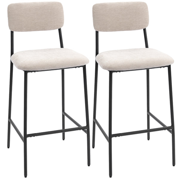 Set 2 Sgabelli da Bar con Schienale Alto Poggiapiedi e Rivestimento in Ciniglia Crema online