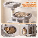 Albero Tiragraffi 60x40x200 cm con Pali in Sisal 2 Cucce 3 Casette e Amaca in Truciolare e Peluche Grigio Chiaro      
