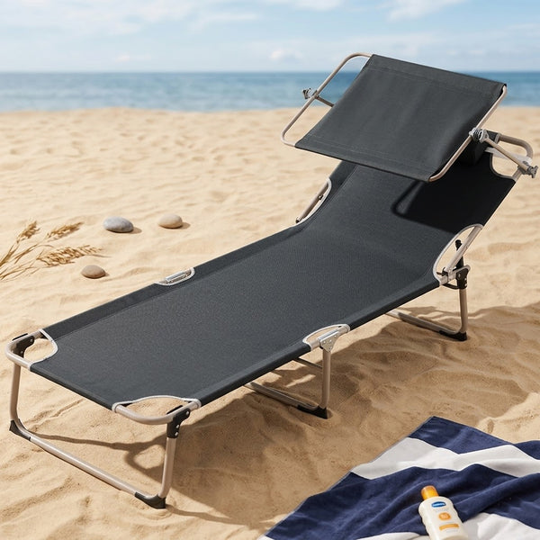 sconto Lettino Prendisole da Spiaggia Pieghevole 62x180x 28 cm Schienale Reclinabile con Parasole in Tessuto Oxford Grigio