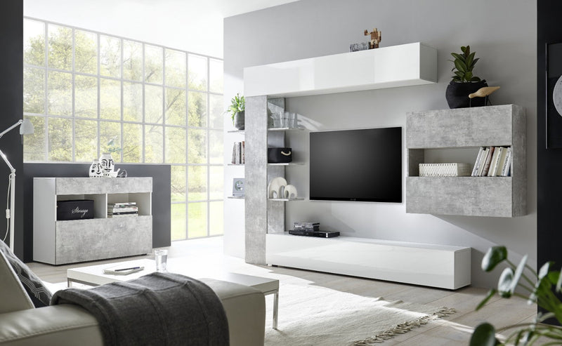 Parete Attrezzata Mobili Soggiorno Mobile TV Libreria 2 Pensili TFT Akira 1 Bianco e Cemento