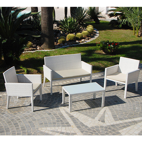 Set Salottino Polyrattan Bianco Divano Poltrone Tavolino per Arredo Giardino