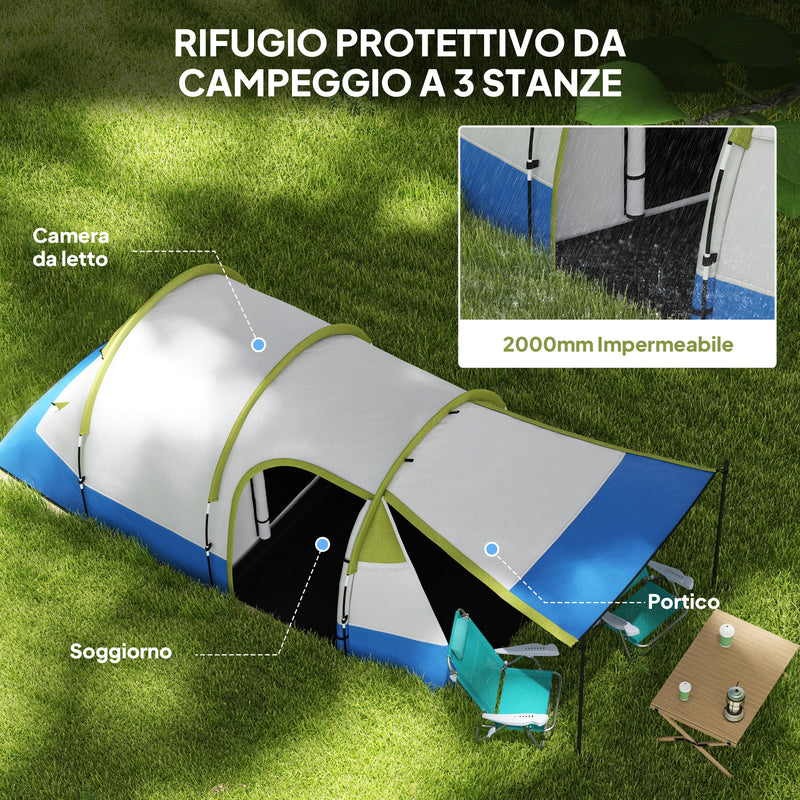 Tenda da Campeggio Impermeabile 420x200x150 cm con 2 Aree e 3 Ingressi in Poliestere e Fibra di Vetro Verde  