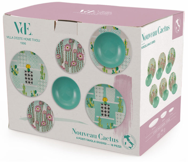Servizio Piatti 18 Pezzi in Porcellana e Gres Villa d'Este Home Tivoli Nouveau Cactus Multicolor