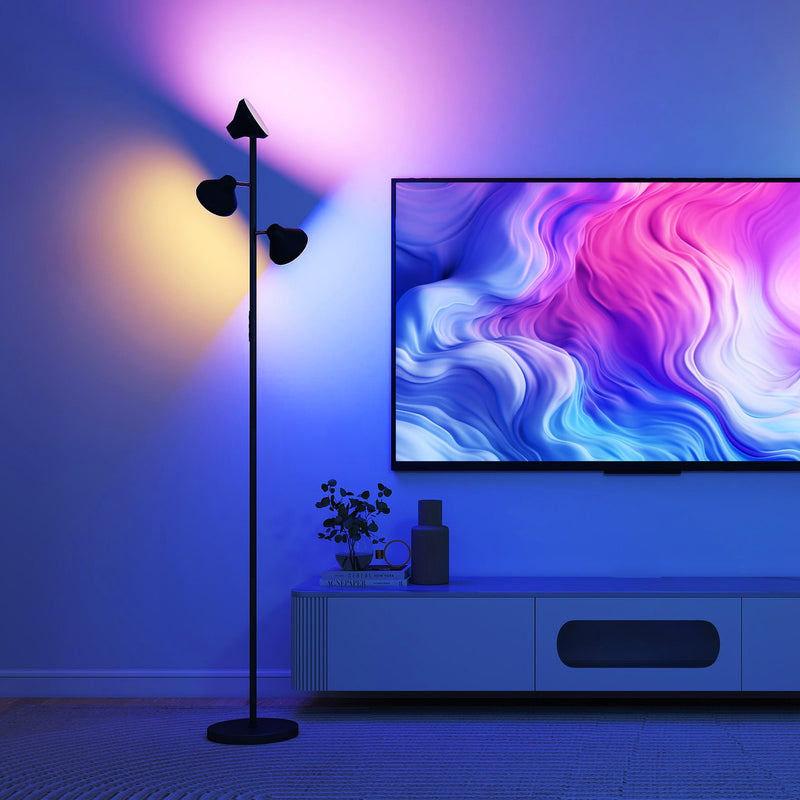 Lampada da Terra con 3 Teste Regolabili Indipendenti Ø25x170 cm Telecomando e Timer in Acciaio e Plastica Nero      