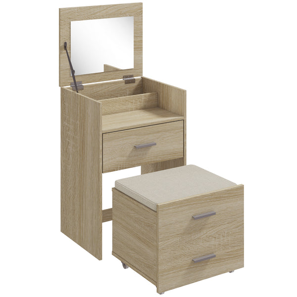 acquista Tavolo Trucco Toeletta 50x40x113,5 cm con Specchio a Ribalta e Sgabello a Scomparsa in Legno Naturale