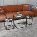 Set 3 Tavolini Quadrati Impilabili in Acciaio e Vetro Temperato Nero e Effetto Marmo