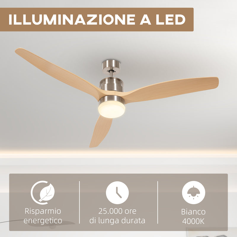 Ventilatore da Soffitto con Luce LED Bianca a 6 Velocità e Timer Ø132 x 43A cm in Metallo e Acrilico 