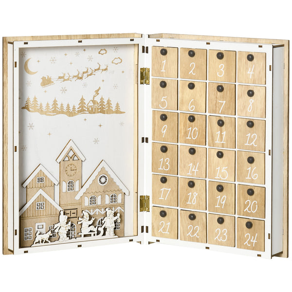 Calendario Avvento di Natale a forma di Libro 22x7x32 cm con Temi natalizi in Legno Bianco sconto