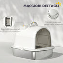 Lettiera Gatto Chiusa L 52,4x41,3x39,9 cm con Maniglia Paletta Pacchetto Deodorante e Antiperdita in Acciaio Inox e ABS Bianco      
