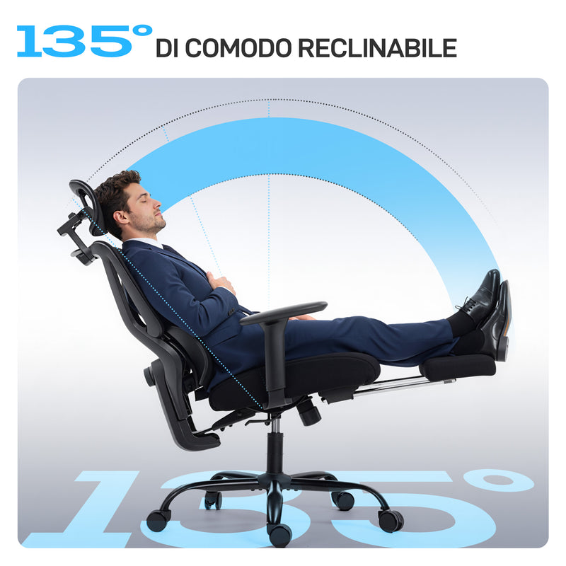 Sedia da Ufficio Ergonomica e Traspirante 73x75x120-128 cm con Supporto Lombare Dinamico e Poggiapiedi Nero      