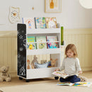 Libreria per Bambini 3-8 Anni  Scaffalea Due Lati Portagiochi con Ruote e Lavagna Nera in MDF Bianco      