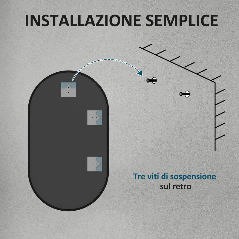Specchio da Bagno Ovale da Parete 60x90 cm con Cornice in Alluminio Nero   