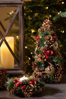 Set 2 Coni Decorativi con Sfere e Bacche H30 cm Rosso