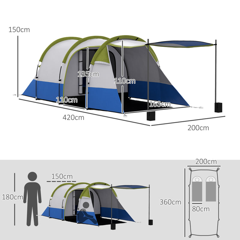 Tenda da Campeggio Impermeabile 420x200x150 cm con 2 Aree e 3 Ingressi in Poliestere e Fibra di Vetro Verde  