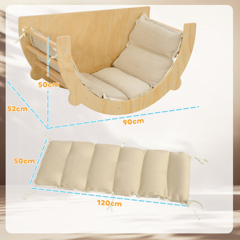 Arco Montessoriano 3 in 1 per Bambini da 18-48 Mesi Arrampicata Tavolino e Dondolo con Cuscino in Pino Color Legno      