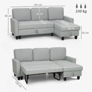 Divano Letto 3 Posti 197x129x85 cm con Chaise e Spazio Contenitore in Tessuto Effetto Lino Grigio e Nero      
