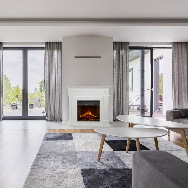 Camino Elettrico da Pavimento Effetto Fiamma 110x25x95 cm 900W/1800W in Legno Bianco