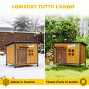 Cuccia per Cani da Esterno 84,5x62x65 cm Tetto Apribile e Tenda per Porta in Legno e Acciaio Giallo      