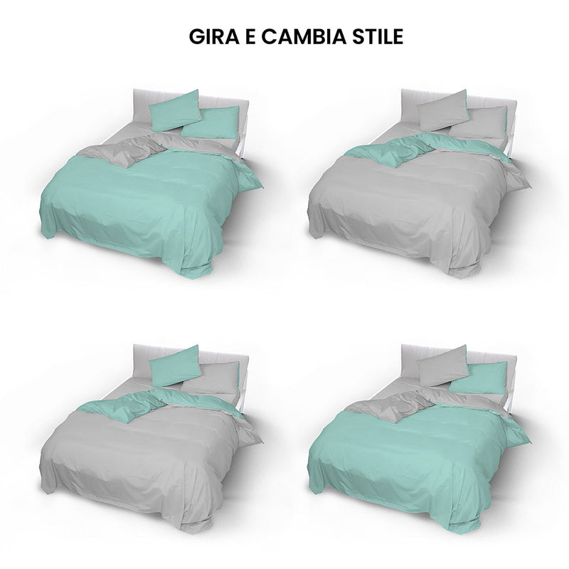 Copripiumino con Sacco e Federe Doubleface Verde Acqua\/Grigio Chiaro
