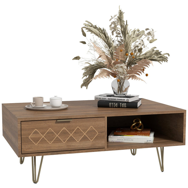 sconto Tavolino da Caffè 95x62x36,5 cm in Truciolato e Metallo Oro e Legno Naturale
