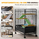 Gabbia per Conigli 75x46x94,5 cm a 4 Livelli con Piattaforme Rampe Ruote Serbatoio Acqua e Vassoio Rimovibile in Acciaio Nero      