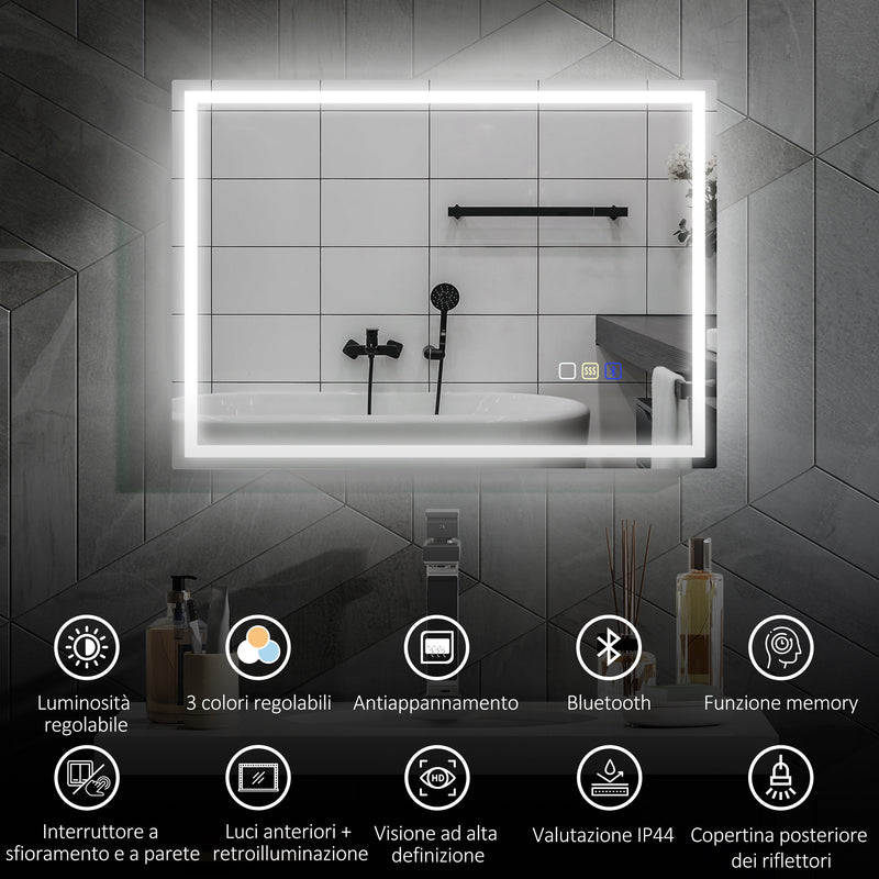 Specchio Bagno da Parete LED Antiappannamento 50x70 cm Speaker Bluetooth e Pulsanti Touch in Vetro Temperato  