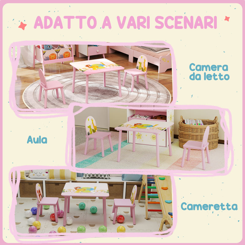 Set Tavolo e Sedie per Bambini 3-8 Anni Disegni di Animali e Bordi Arrotondati in MDF e Legno di Pino Rosa      