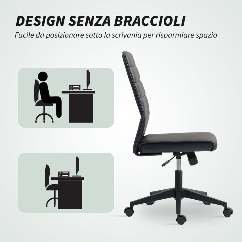 Sedia da Ufficio Ergonomica e Regolabile 58x53x97-107 cm con Schienale Ricurvo in Pelle PU e Acciaio Nero      