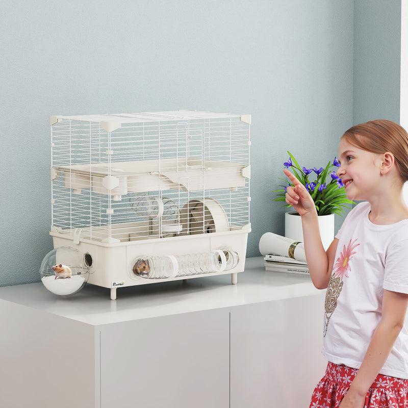 Gabbia per Criceti a 2 Livelli 44,5x28x44 cm 3 Porte Ruota e Tubi in Acciaio e PP Crema e Bianco  