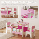 Set Tavolo con 2 Sedie per Bambini 3-8 Anni Tavolino con Scaffale in Legno MDF con Disegni a Cuori Rosa      