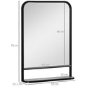 Specchio Rettangolare a Parete 50x10,2x70 cm con Ripiano Inferiore in Metallo Nero e Vetro