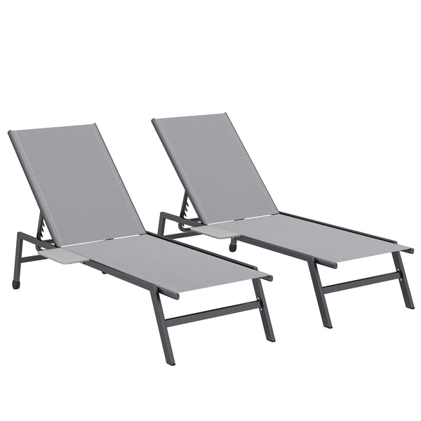 sconto Set 2 Lettini Prendisole Regolabili in 5 Posizioni con Tavolino Laterale e 2 Ruote in Metallo e Poliestere Grigio