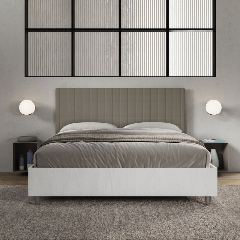 Letto Matrimoniale con Rete e Contenitore Alzata Comoda Struttura Bianco Frassico e Testata in Similpelle Burmy Cappuccino Varie Misure