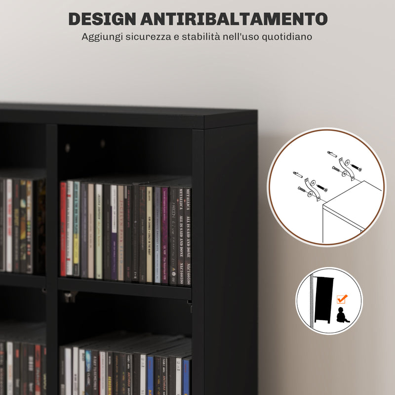 Mobile Porta CD 89x20x130.5 cm con Ripiani Regolabili per 456 CD o 336 DVD 24 Scomparti Nero      