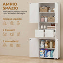Mobile Bagno Alto Slim 60x30x170 cm con Cassetti e Ripiani in MDF e Acciaio Bianco Lucido      