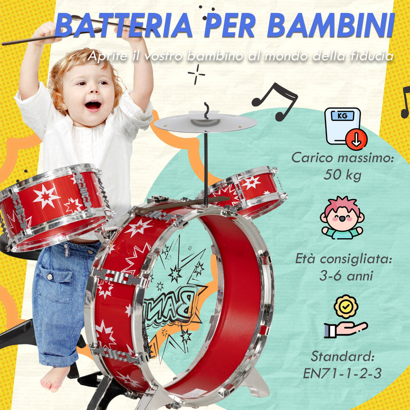 AIYAPLAY Set Batteria Giocattolo 7 Pezzi Per Bambini 3-6 Anni Con Sgabello, Tamburi E Piatti, Kit Musicale Con Bacchette E Design Fiamme