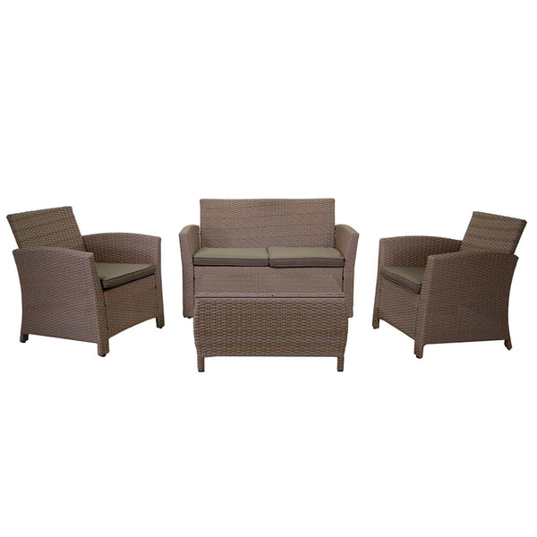 online Set Salotto da Giardino Tavolino Baule Divano 2 Sedie in Polyrattan con Cuscini Tulsa Natural