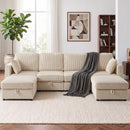 Divano Modulare a U 4 Posti 306x153x85 cm con 2 Pouf Contenitori e 4 Cuscini in Velluto a Coste Bianco Crema      