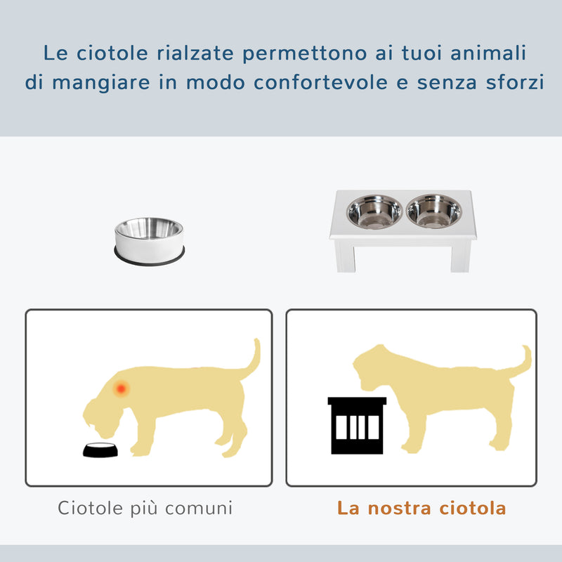 Ciotole Rialzate per Cani Piccoli e Taglia Media con 2 Ciotole in Acciaio Supporto in MDF Bianco  