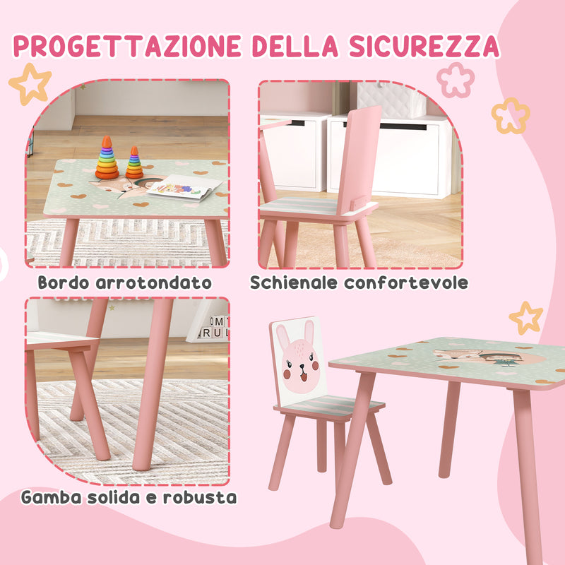 Set Tavolo con 2 Sedie per Bambini in Legno di Pino e MDF Rosa