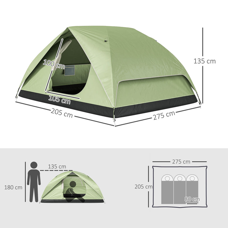 Tenda da Campeggio per 3 Persone Impermeabile 205x275x135H cm con Tasche e Gancio per Lanterna Verde   