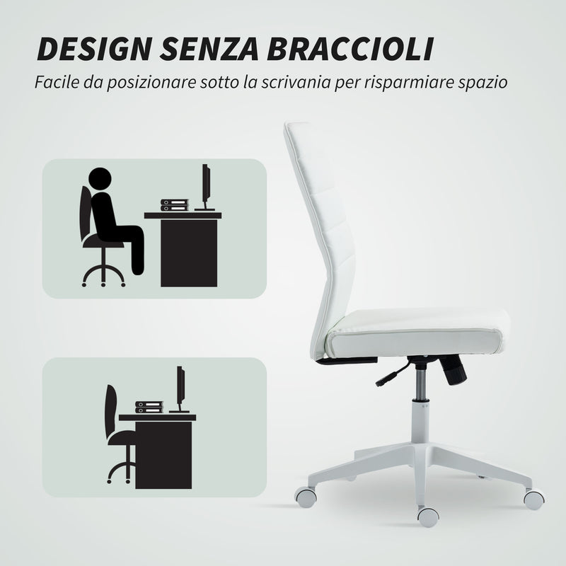 Sedia da Ufficio Ergonomica e Regolabile 58x53x97-107 cm con Schienale Ricurvo in Pelle PU e Acciaio Bianco      