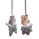Set 4 Addobbi Natalizi Gufo Scoiattolo da Appendere 11 cm in Resina