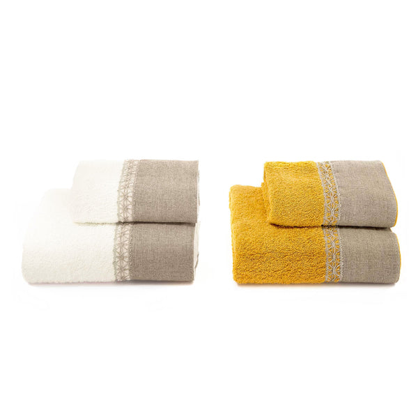 Set Spugna 4 Pezzi Asciugamani Viso + Ospite con Balza e Trina di Lino Garrini Bryanna Bronzo sconto