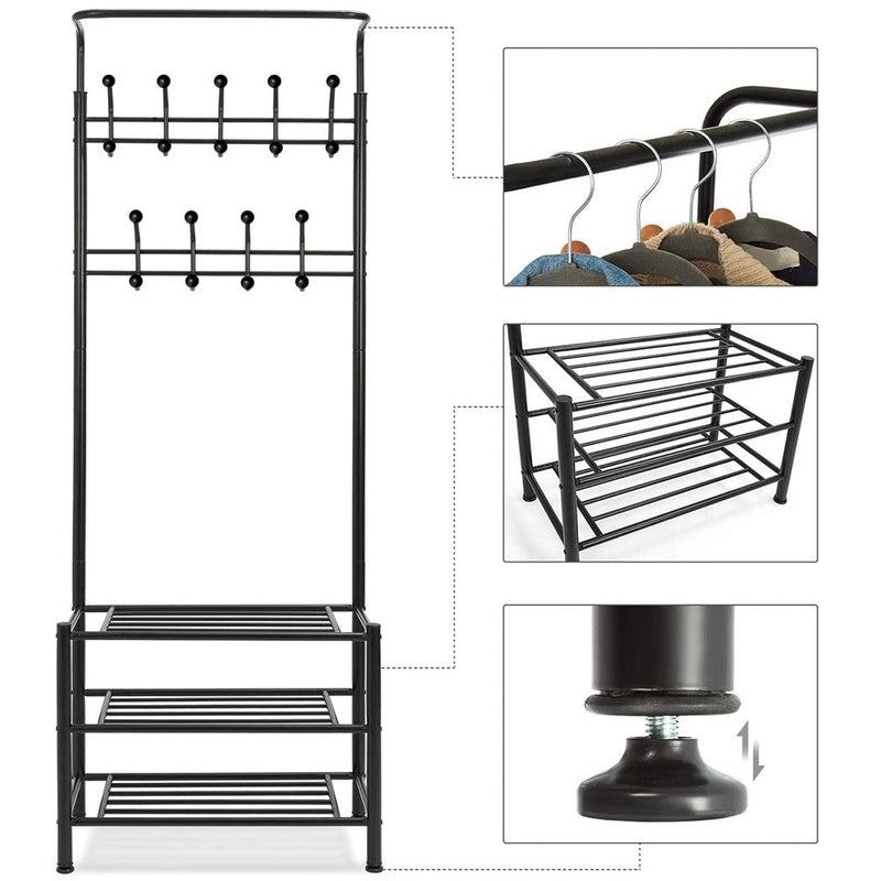 Stand Appendiabiti con scarpiera 65x29xH190 cm per corridoio 3 ripiani Nero