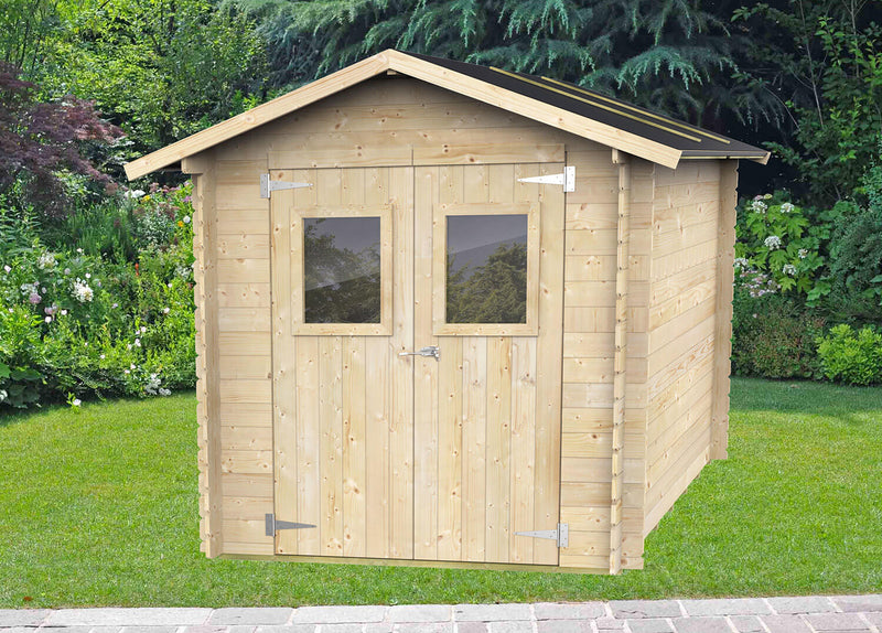 Casetta Box da Giardino per Attrezzi 198x198 cm con Porta Doppia Finestrata in Legno Naturale