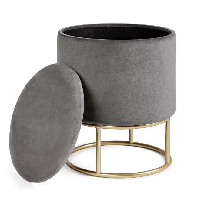 Sgabello Contenitore Polina Tondo Grigio Opal Imbottito in Tessuto effetto Velluto